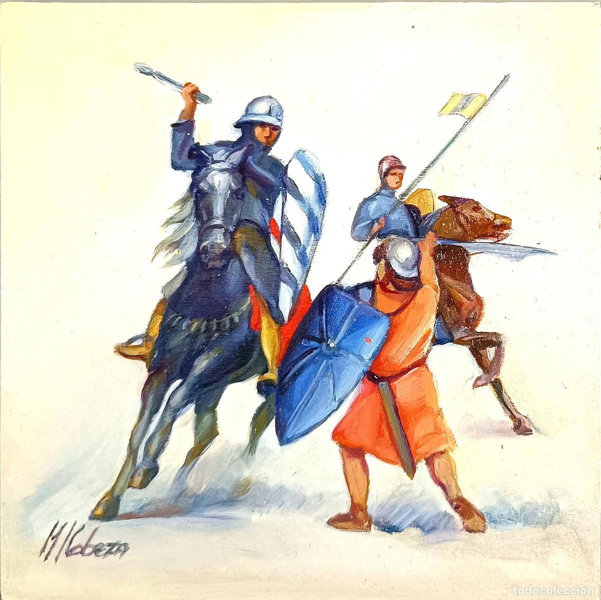 Arte: M Cabeza - Caballeros en combate - Oleo sobre tabla