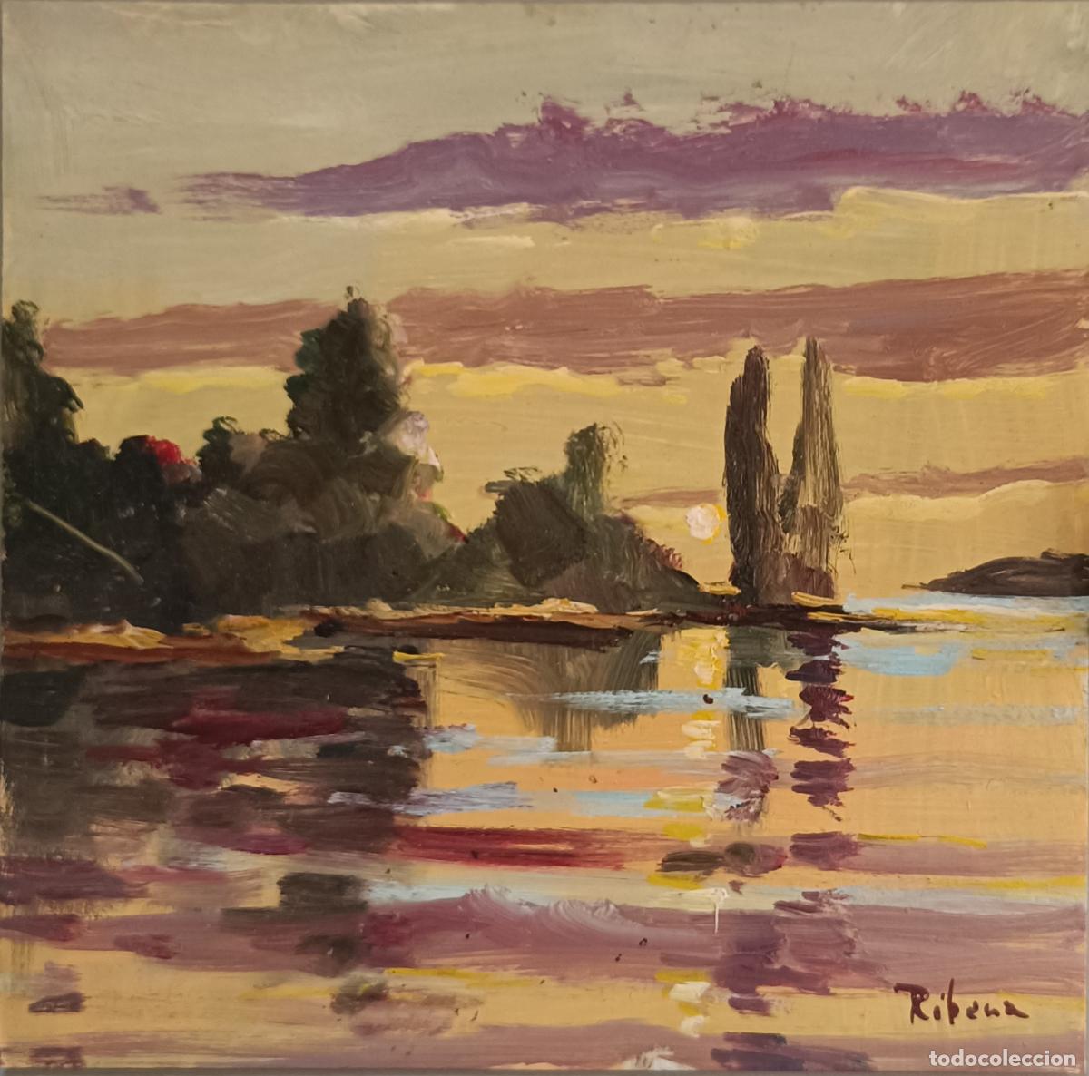 Arte: Ribera - Reflejos de atardecer en el lago - Oleo sobre tabla