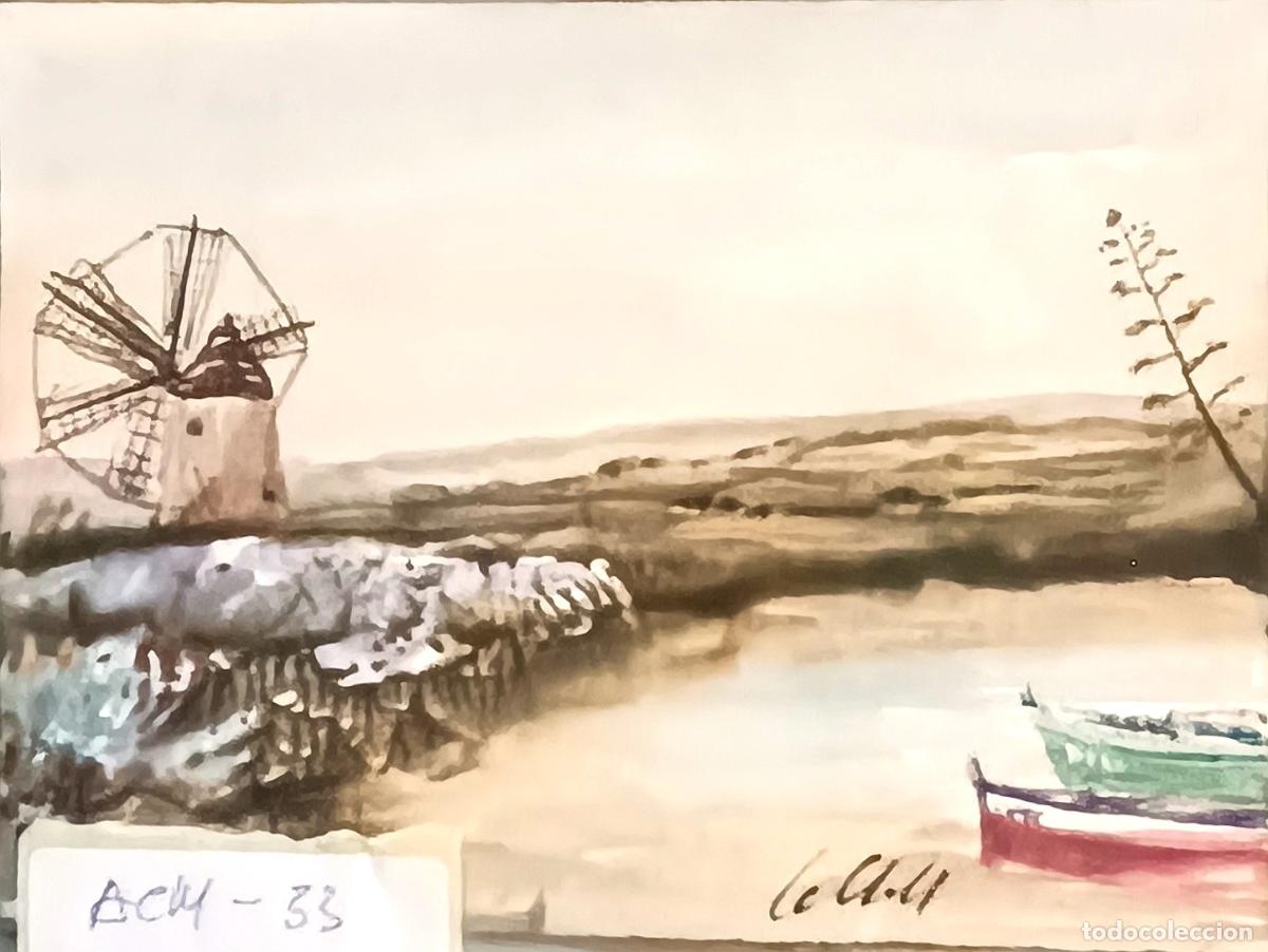 Arte: Ilegible - Molino de agua en la costa - Acuarela