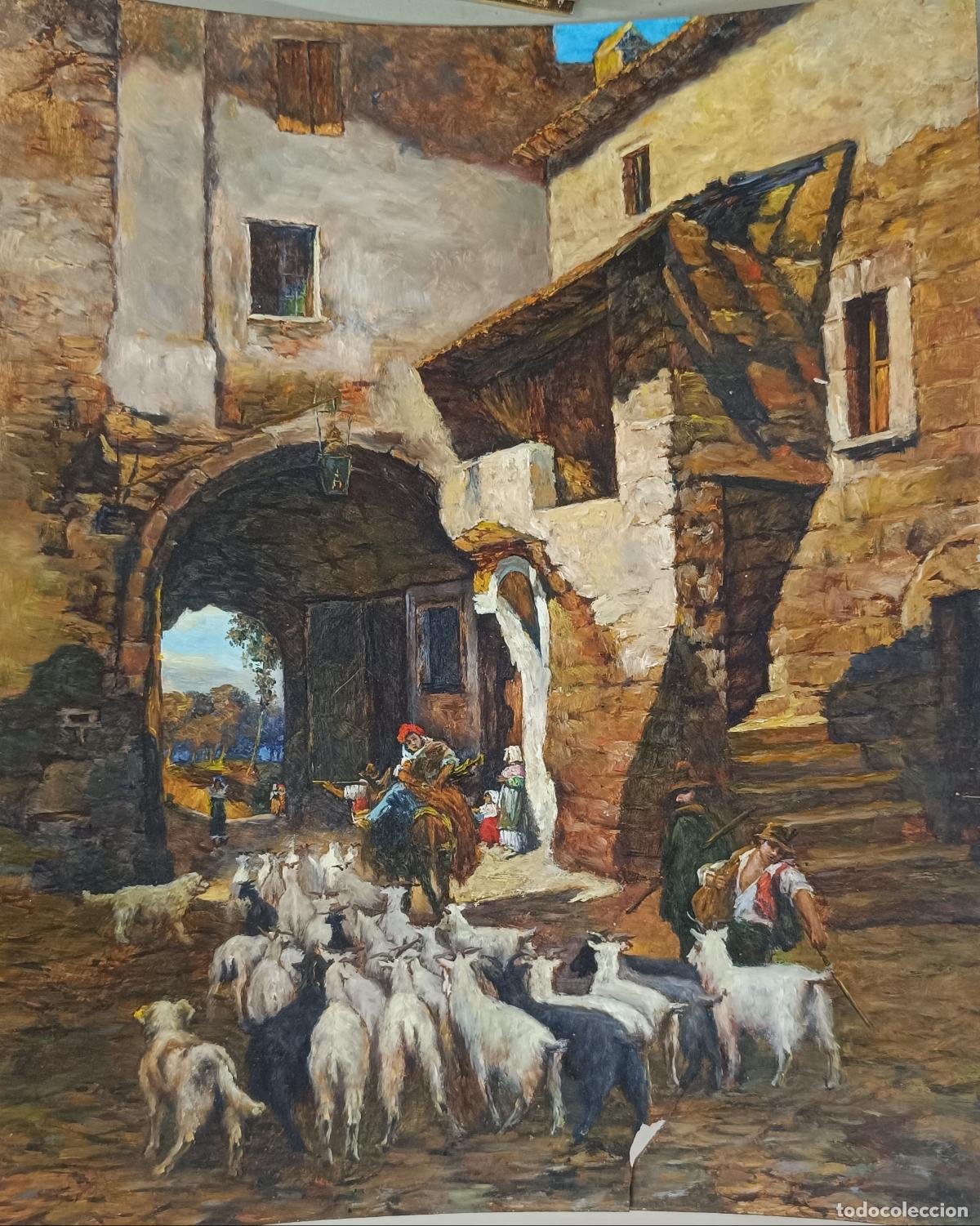 Arte: Anonimo - Cabras en patio rural - Oleo sobre plancha - se encuentran da&ntilde;ados