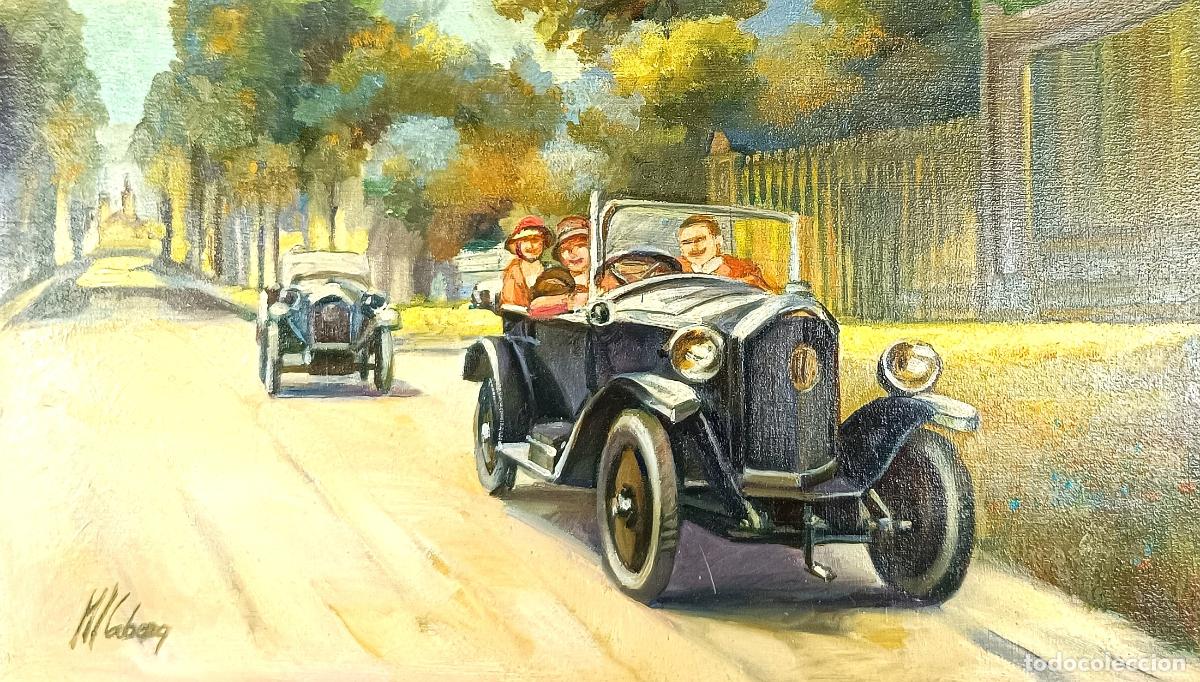 Arte: M Cabeza - Paseo en Coche Antiguo - Oleo sobre tabla