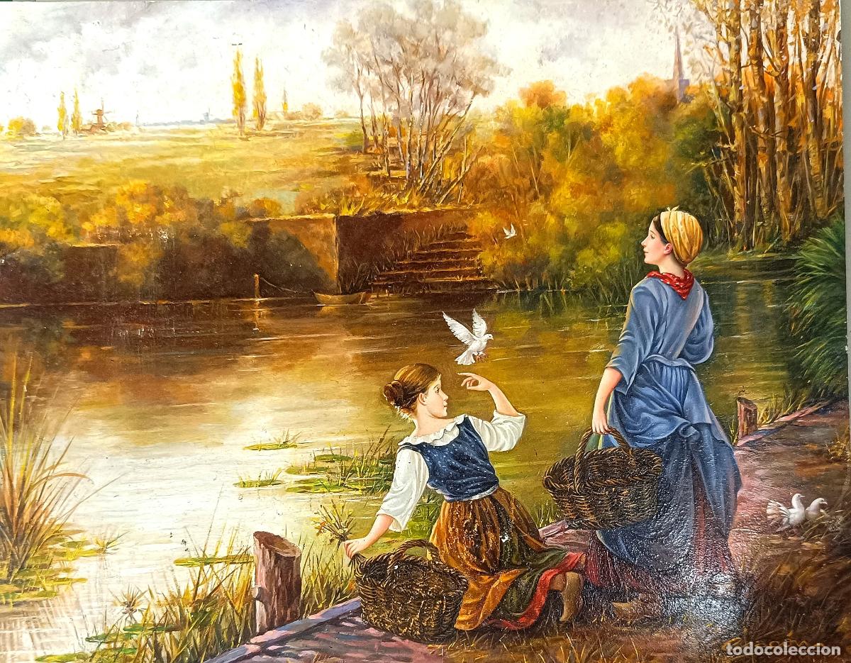 Arte: Chacon - Ni&ntilde;as junto al estanque - Oleo sobre tabla