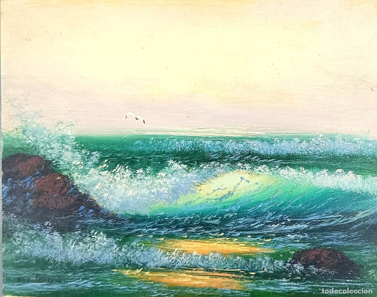 Arte: Agusti Gil - Olas en la costa rocosa - Oleo sobre tabla