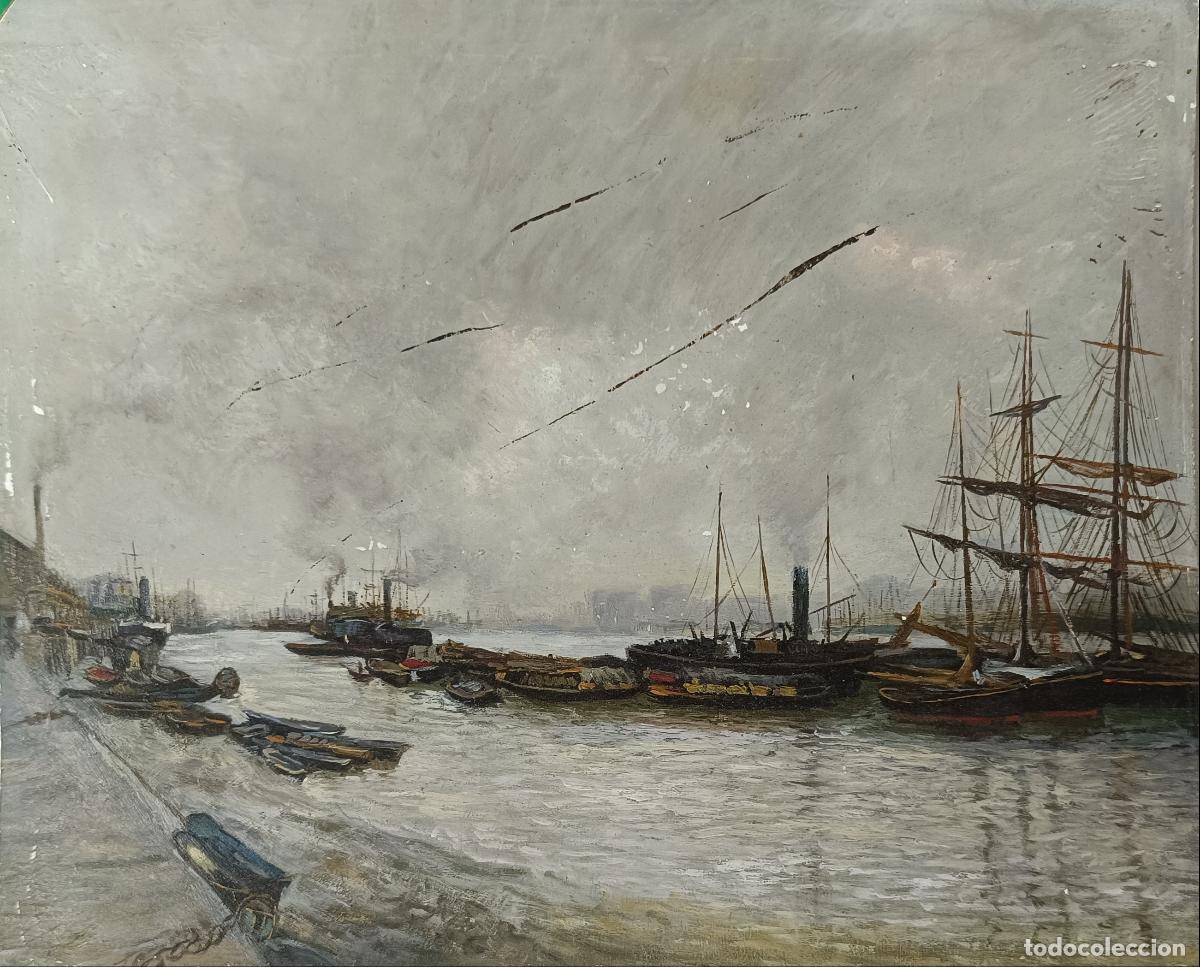 Arte: Anonimo - Barcos en la costa - Oleo sobre plancha