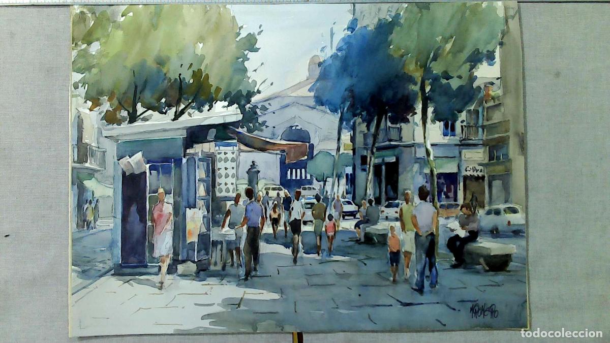 Arte: Romero - Paseo urbano con &aacute;rboles - Acuarela