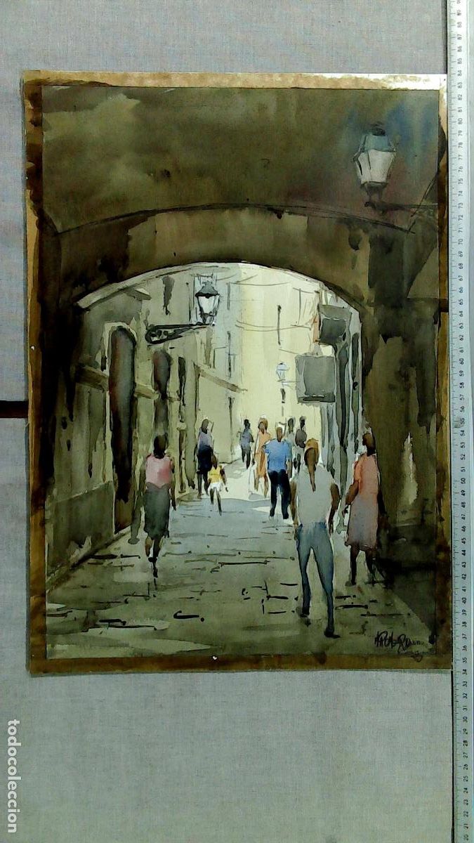 Arte: Romero - Paseo en la ciudad - Acuarela