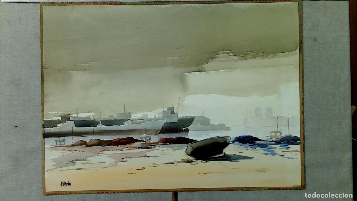 Arte: Romero - Barcos en la orilla - Acuarela