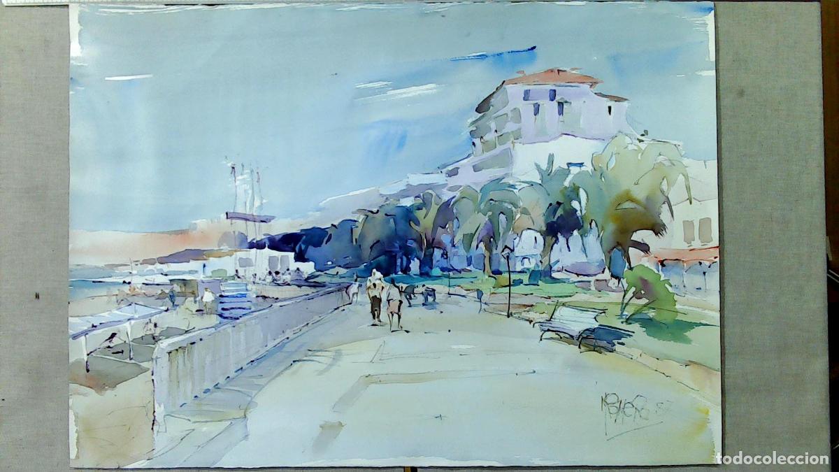 Arte: Romero - Paseo Mar&iacute;timo con Edificio - Acuarela