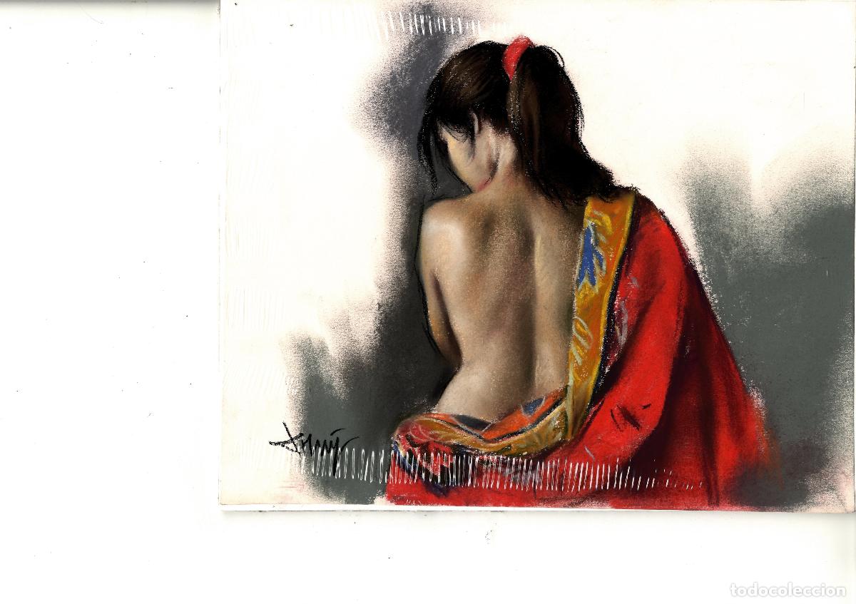 Arte: Domingo &Aacute;lvarez G&oacute;mez - Mujer con kimono rojo - 27x22 - Pastel