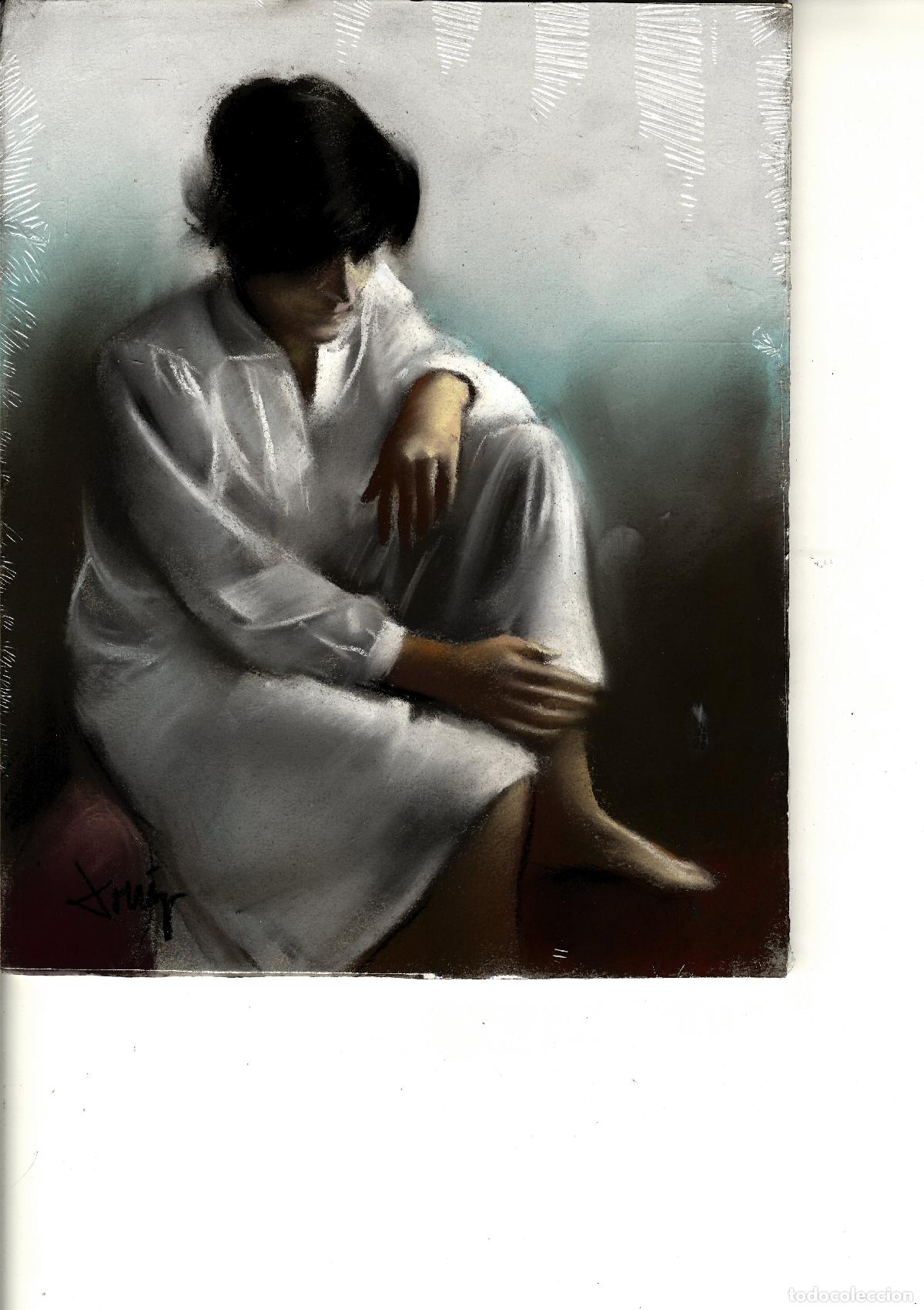 Arte: Domingo &Aacute;lvarez G&oacute;mez - Mujer sentada en penumbra - 27x22 - Pastel