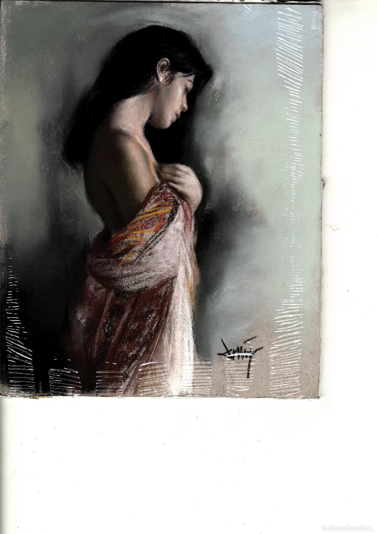 Arte: Domingo &Aacute;lvarez G&oacute;mez - Mujer con velo colorido - 27x22 - Pastel