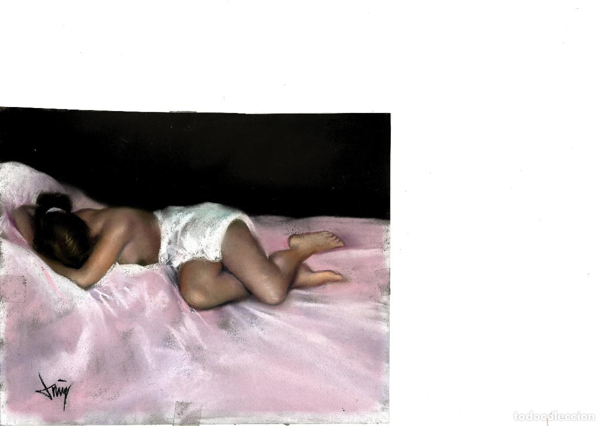 Arte: Domingo &Aacute;lvarez G&oacute;mez - Ni&ntilde;a dormida sobre s&aacute;bana - 27x22 - Pastel