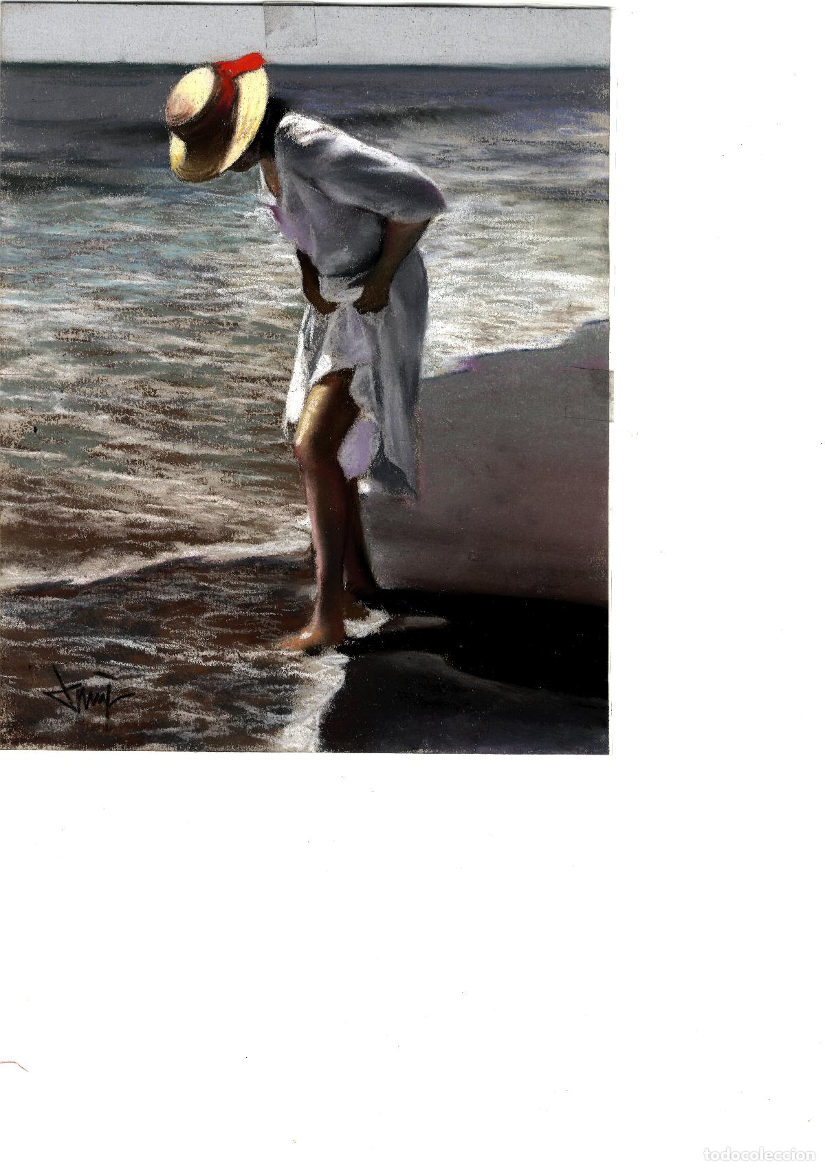 Arte: Domingo &Aacute;lvarez G&oacute;mez - Mujer en la orilla - 27x22 - Pastel