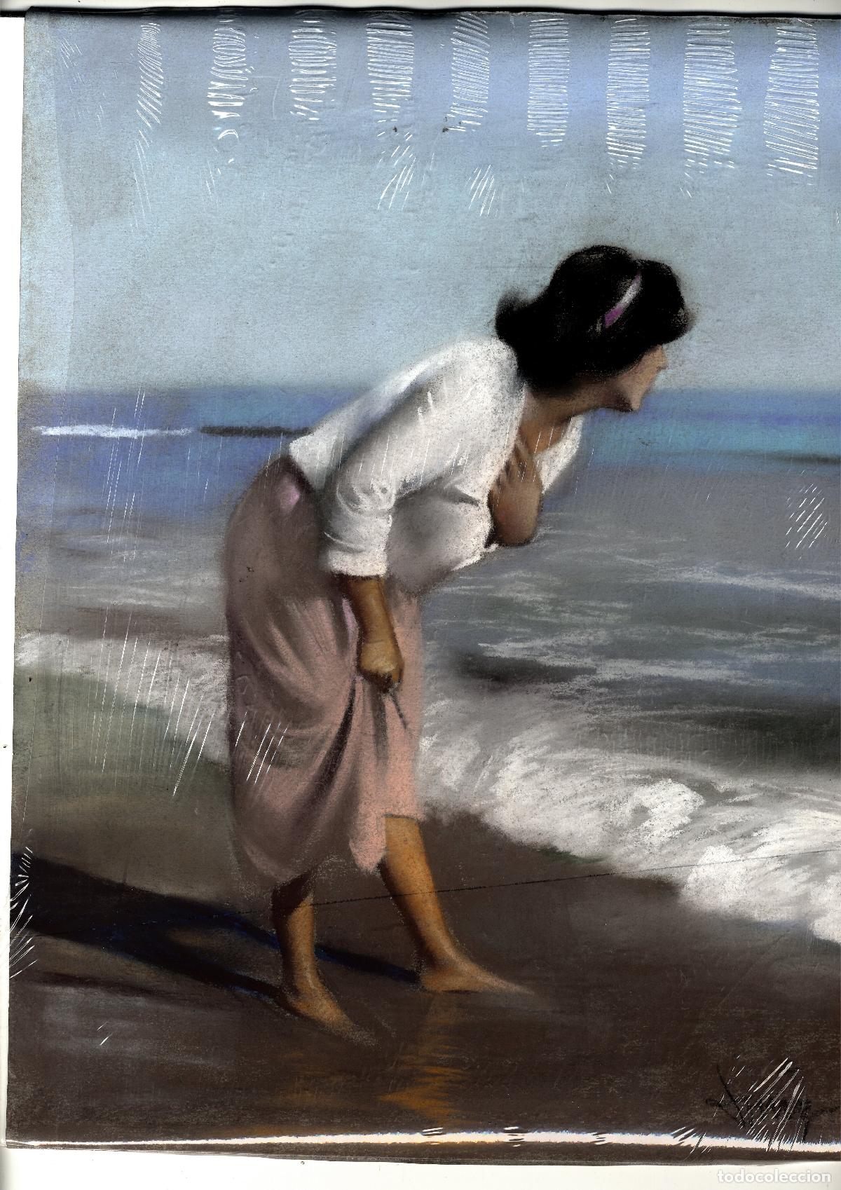 Arte: Domingo &Aacute;lvarez G&oacute;mez - Mujer en la playa - 40x33 - Pastel