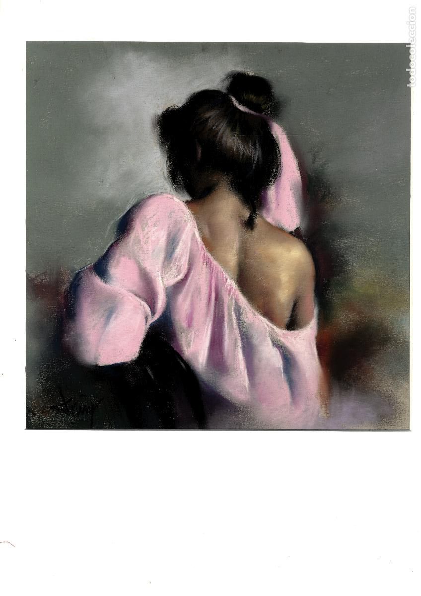 Arte: Domingo &Aacute;lvarez G&oacute;mez - Mujer con vestido rosa - 30x30 - Pastel