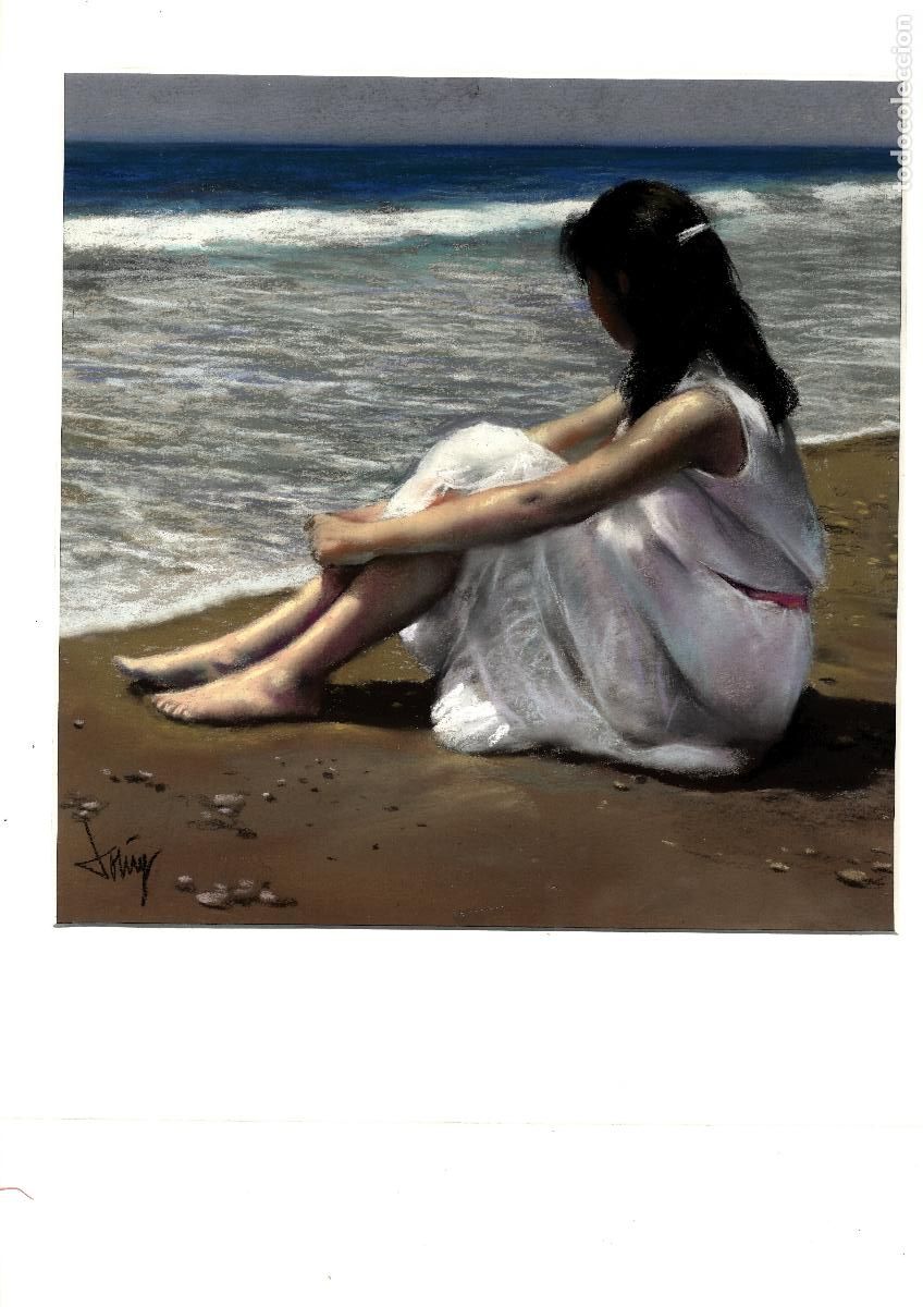 Arte: Domingo &Aacute;lvarez G&oacute;mez - Mujer en la playa - 30x30 - Pastel