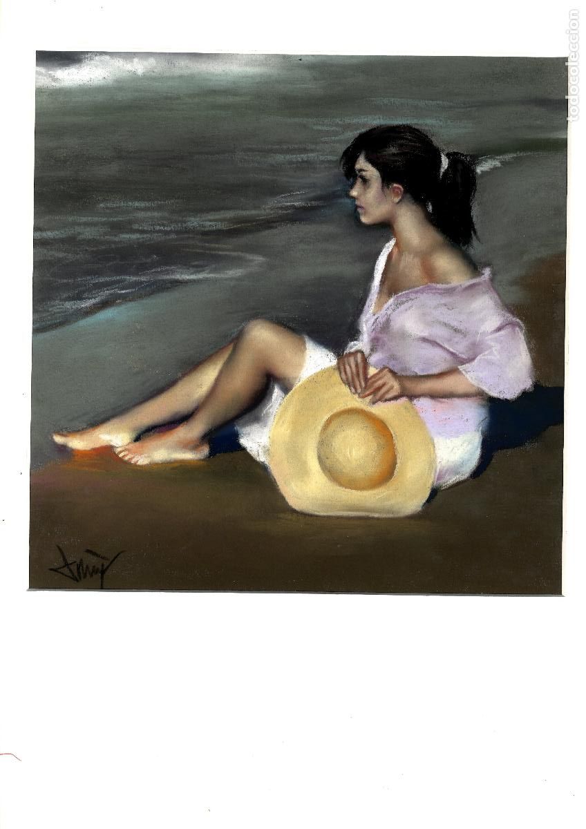Art: Domingo &Aacute;lvarez G&oacute;mez - Mujer con sombrero de paja - 30x30 - Pastel
