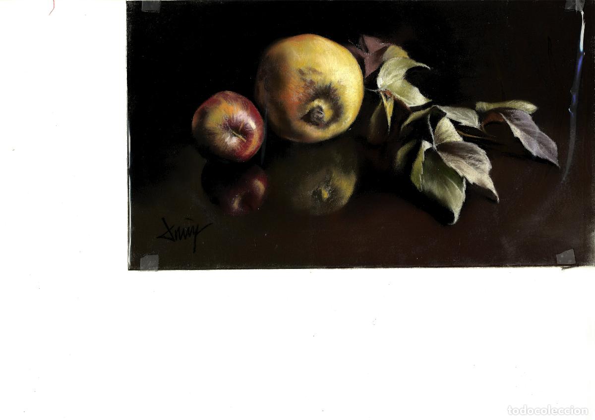 Arte: Domingo &Aacute;lvarez G&oacute;mez - Frutas sobre superficie oscura - 33x20 - Pastel