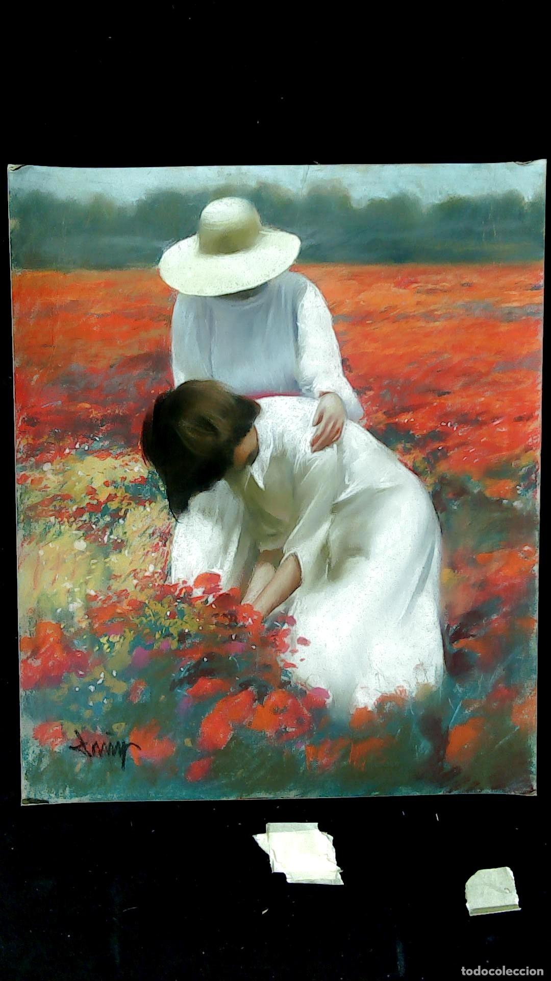 Arte: Domingo &Aacute;lvarez G&oacute;mez - Mujeres en campo de amapolas - 45x38 - Pastel