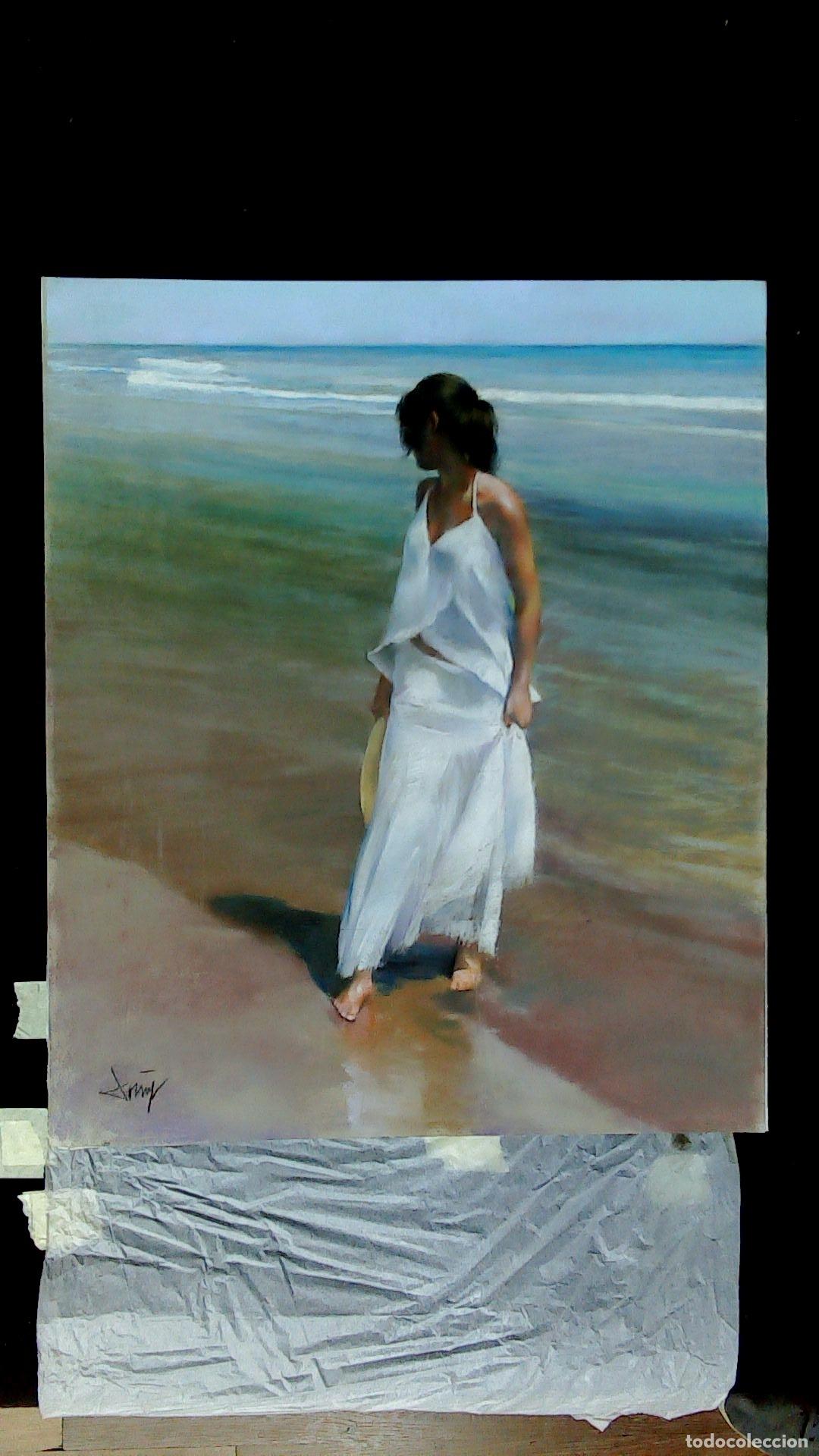 Arte: Domingo &Aacute;lvarez G&oacute;mez - Mujer en la playa - 55x46 - Pastel