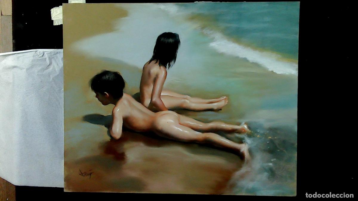 Arte: Domingo &Aacute;lvarez G&oacute;mez - Ni&ntilde;os en la playa - 60x50 - Pastel