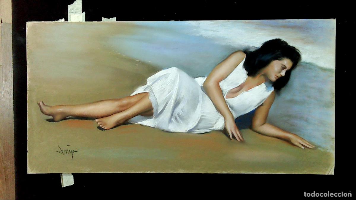 Arte: Domingo &Aacute;lvarez G&oacute;mez - Mujer en la playa - 80x40 - Pastel