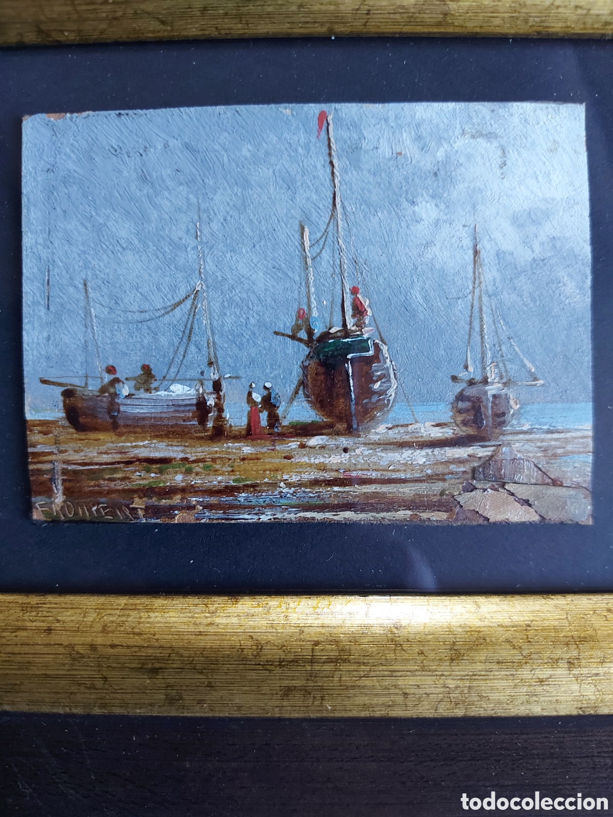 Arte: &rdquo;LAS BARCAS DE PESCADORES EN LA PLAYA&rdquo; OLEO MINIATURA EPOCA