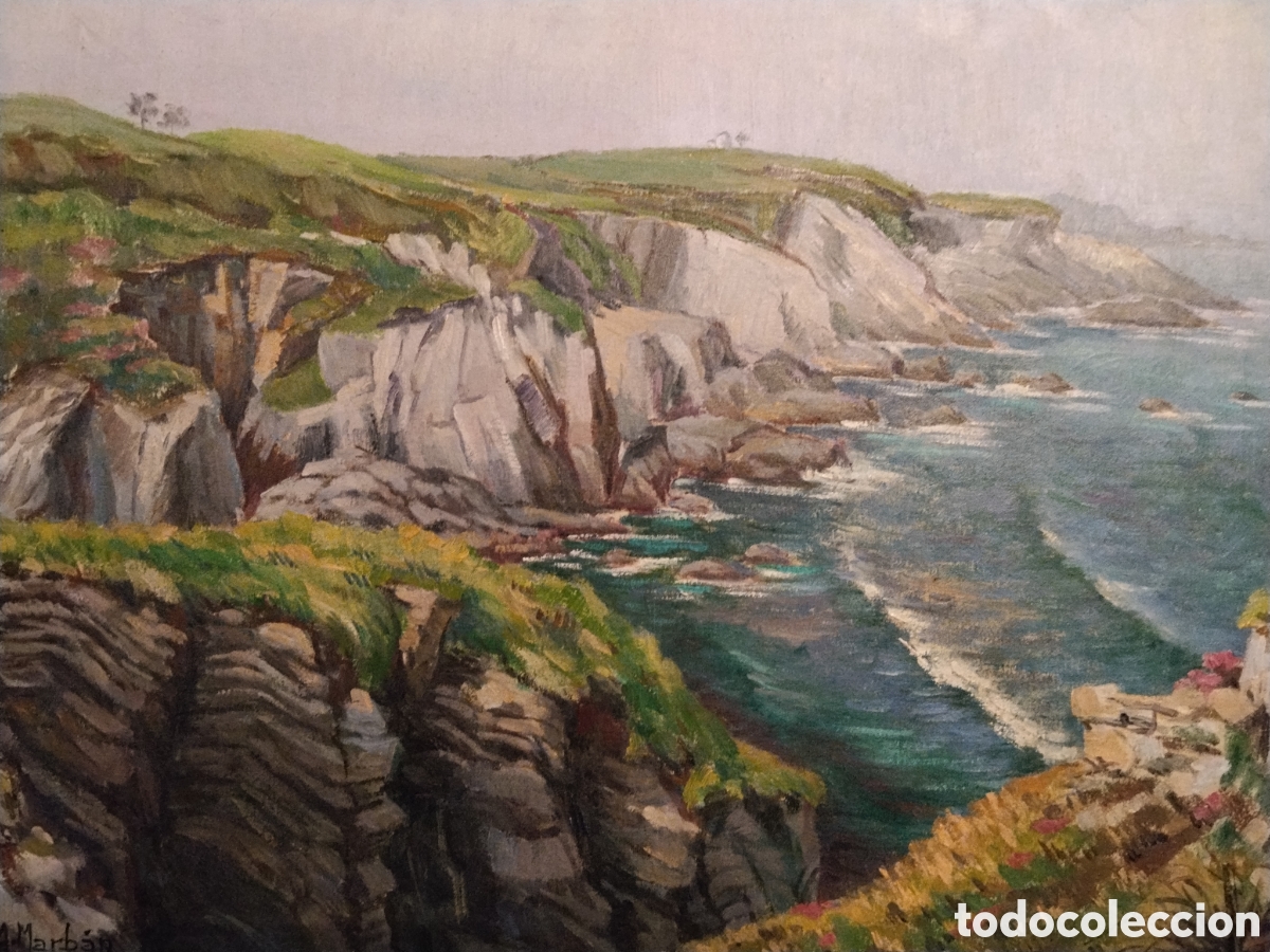 Kunst: &Oacute;leo firmado Marb&aacute;n, paisaje costero, 56x47 cm