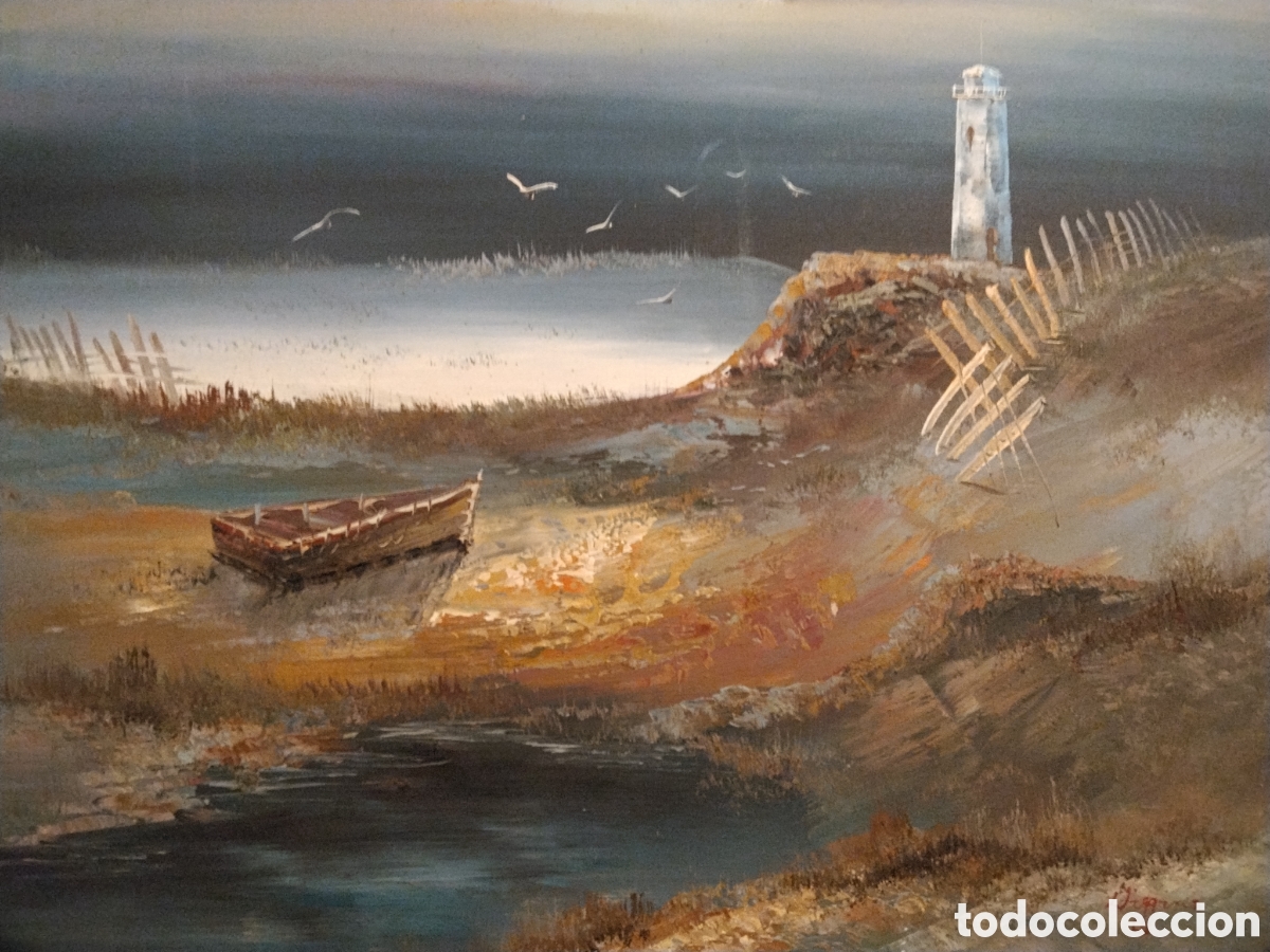 Arte: &Oacute;leo firmado Diggins, marina con faro y barca