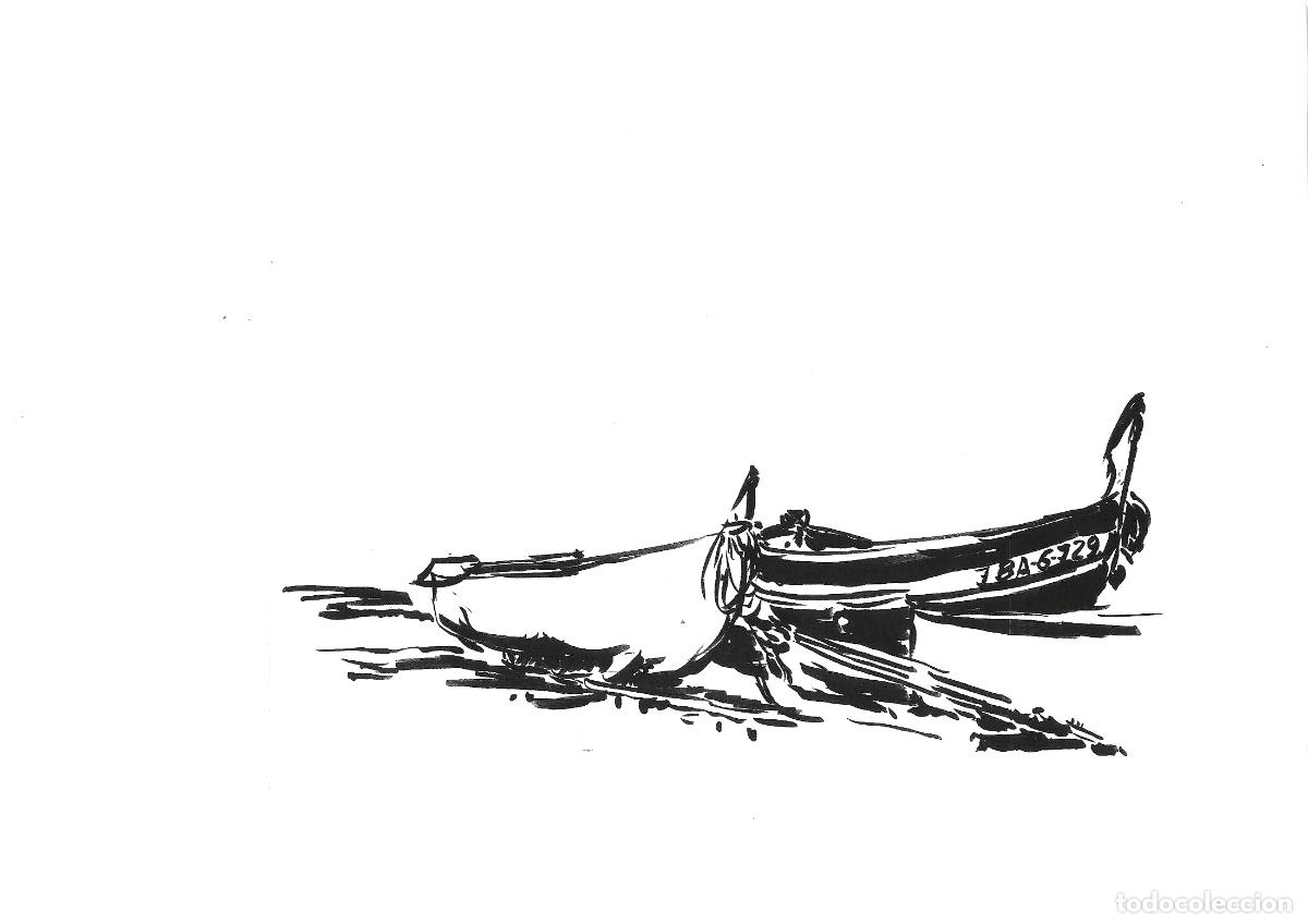 Arte: J Franc&eacute;s - Barca en la orilla - 24x18 - Dibujo