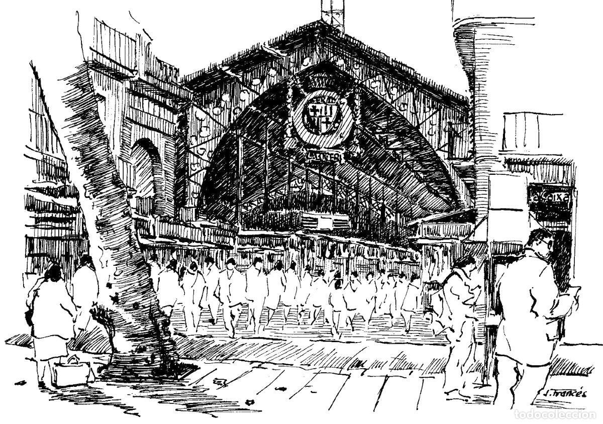 Kunst: J Franc&eacute;s - Estaci&oacute;n de tren concurrida - 24x18 - Dibujo