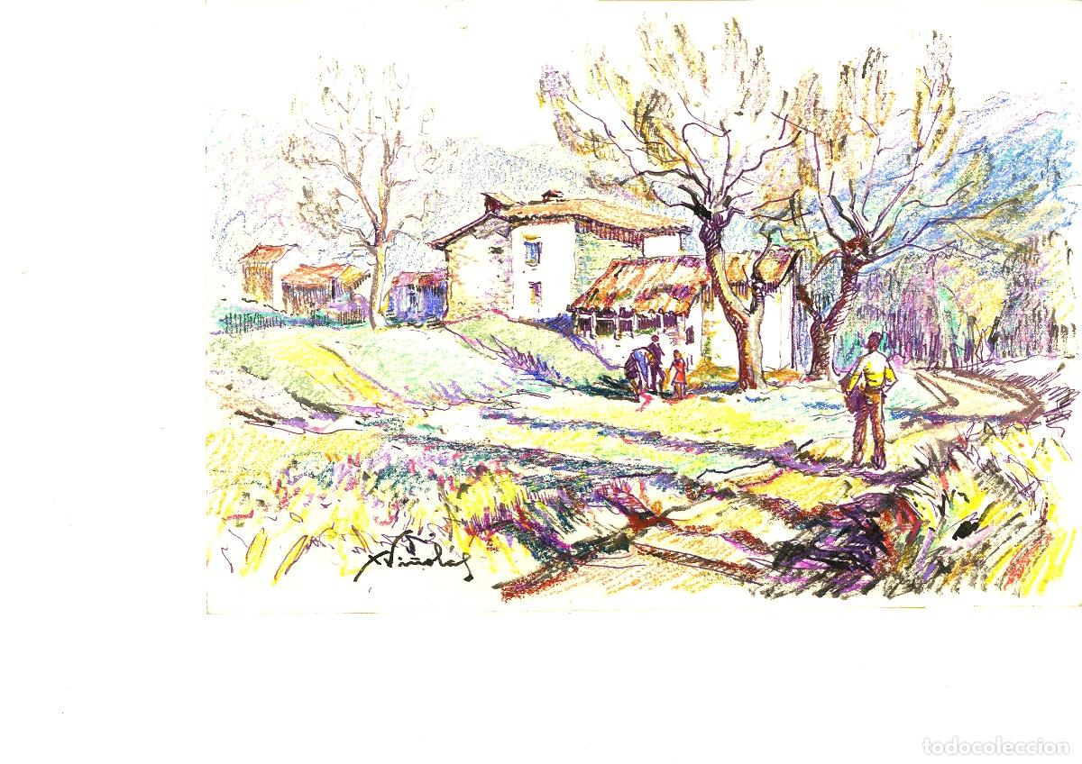 Arte: Xavier Vi&ntilde;olas - Casas de campo con &aacute;rboles - 35x25 - Dibujo