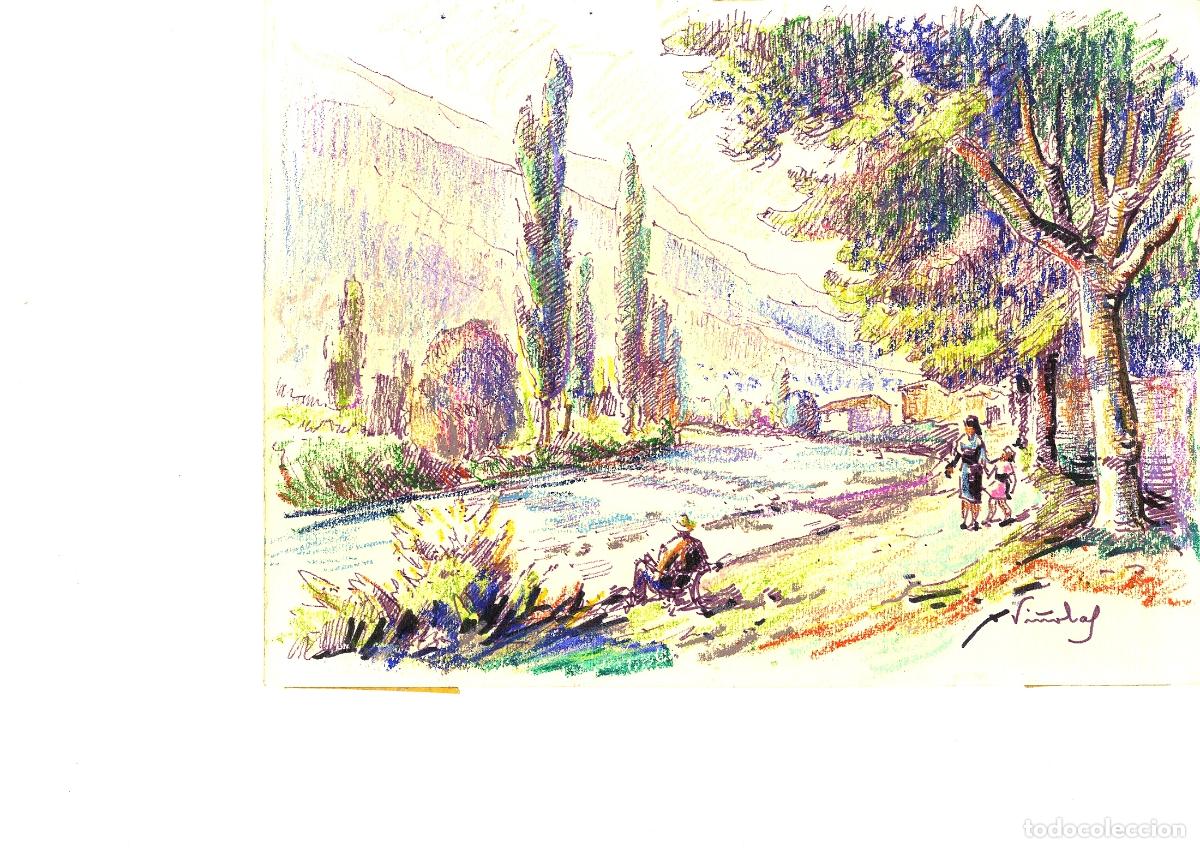 Arte: Xavier Vi&ntilde;olas - Paseo junto al r&iacute;o - 35x25 - Dibujo