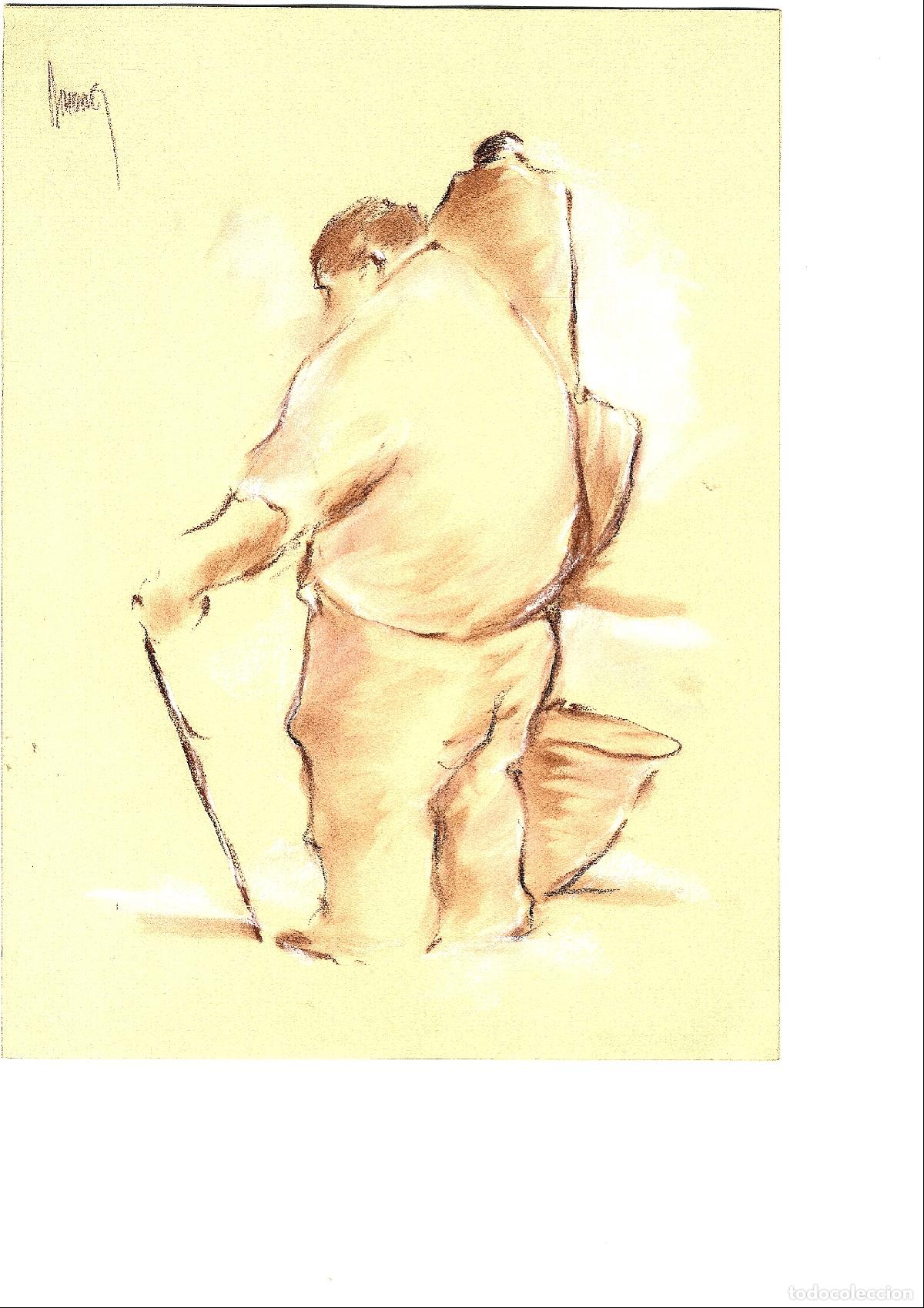 Arte: Ilegible - Hombre con bast&oacute;n encorvado - 35x25 - Dibujo