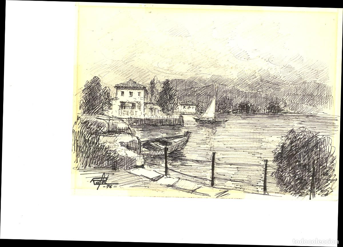 Arte: Rafel - Vista al lago con casas - 35x25 - Dibujo