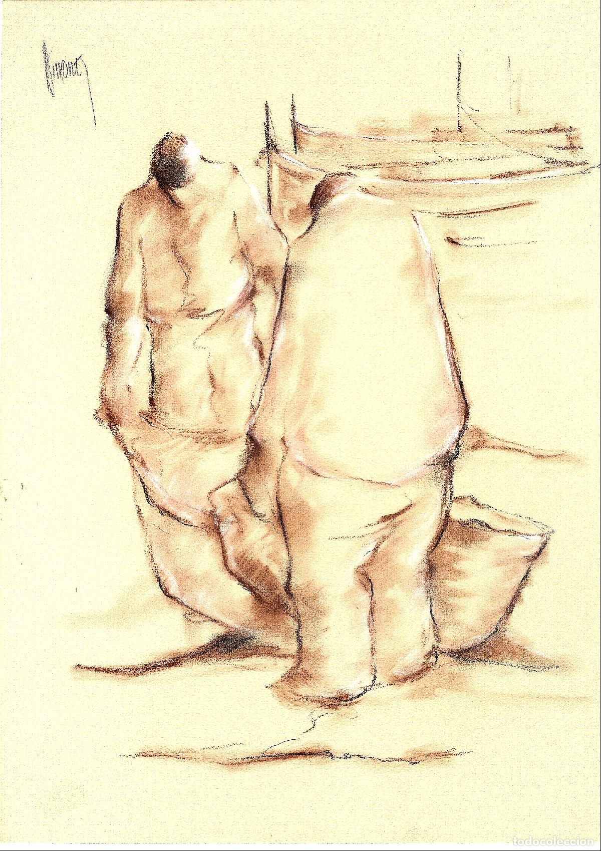 Arte: Ilegible - Dos figuras en la playa - 35x25 - Dibujo