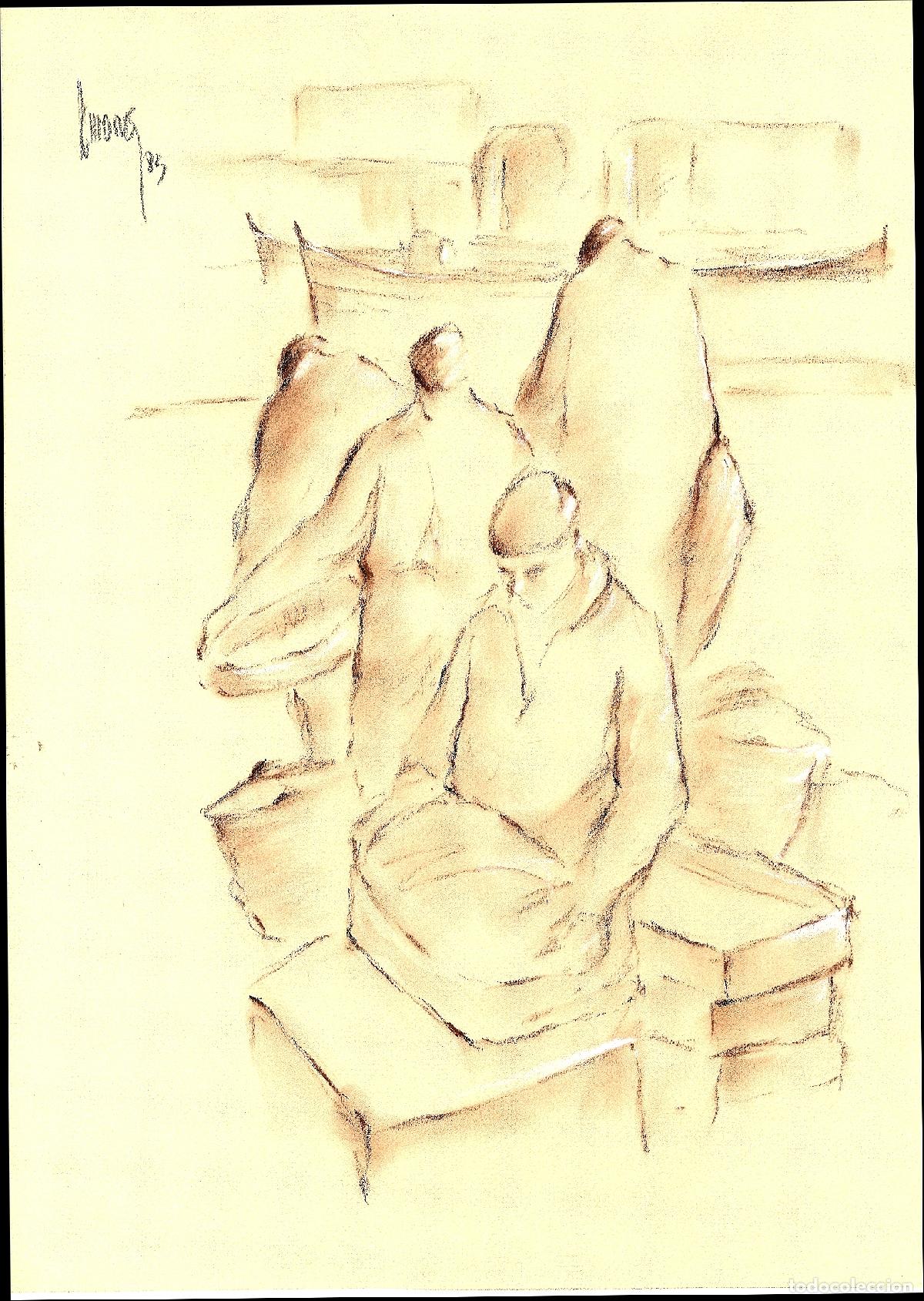 Arte: Ilegible - Hombres en un muelle - 35x25 - Dibujo