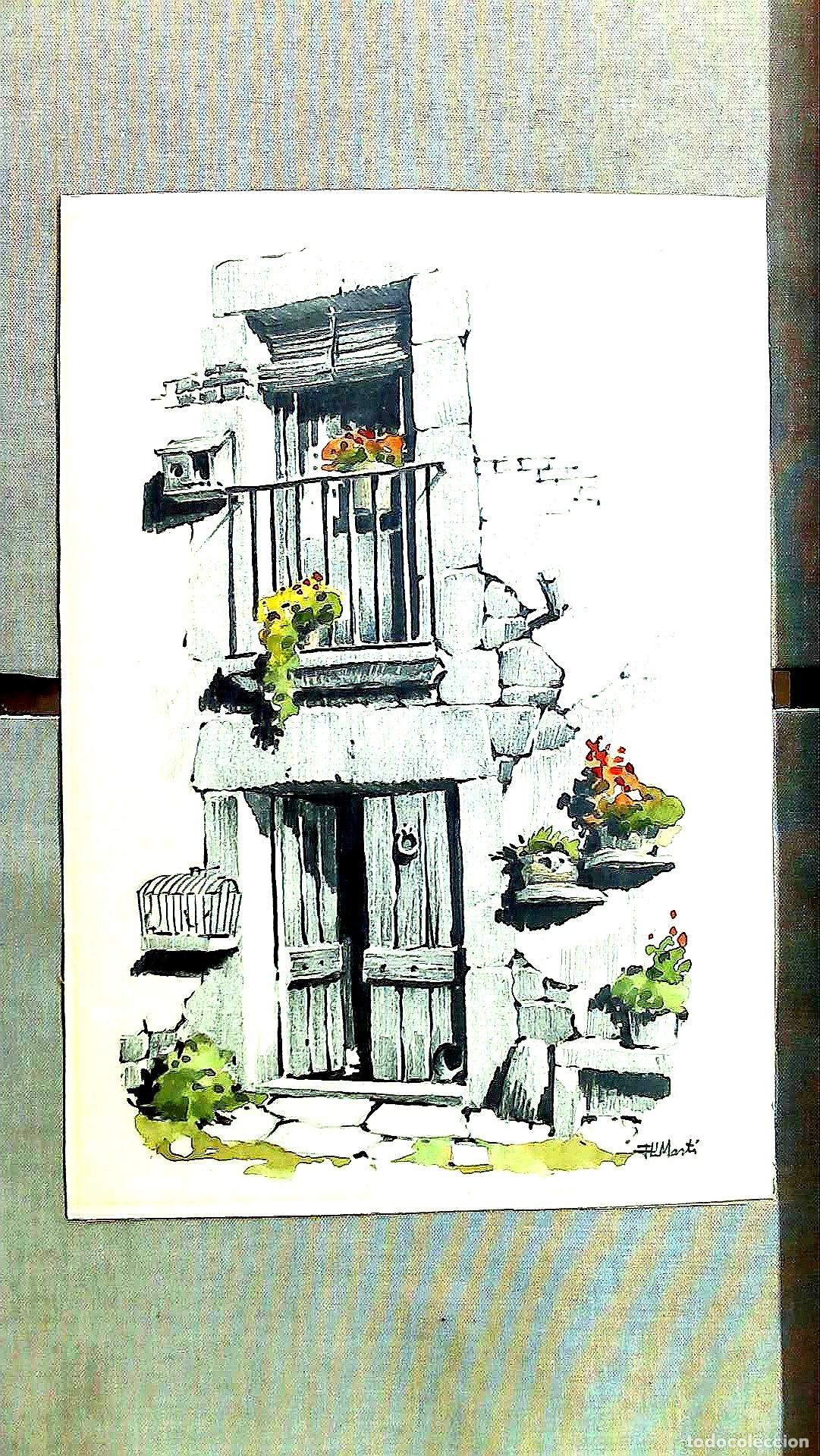 Arte: Jordi Lluci&agrave; i Mart&iacute; - Casa con flores en balc&oacute;n - 35x25 - Dibujo