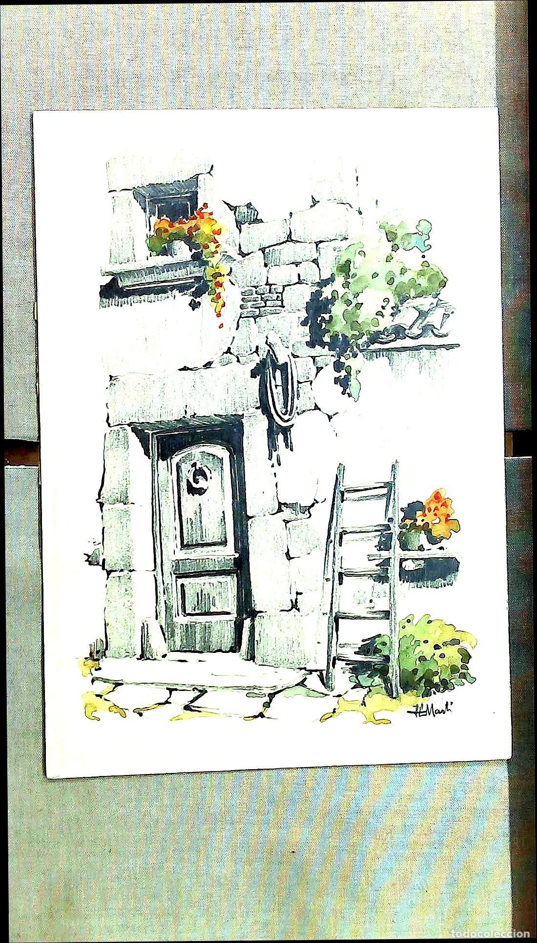 Arte: Jordi Lluci&agrave; i Mart&iacute; - Puerta de piedra con flores - 35x25 - Dibujo