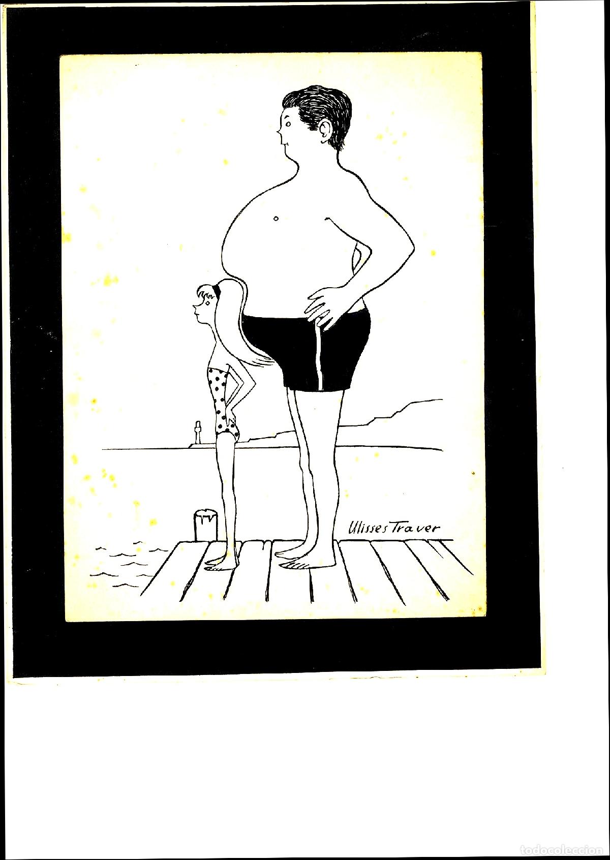 Arte: Ulises Traver - Hombre en ba&ntilde;ador en muelle - 30x22 - Dibujo