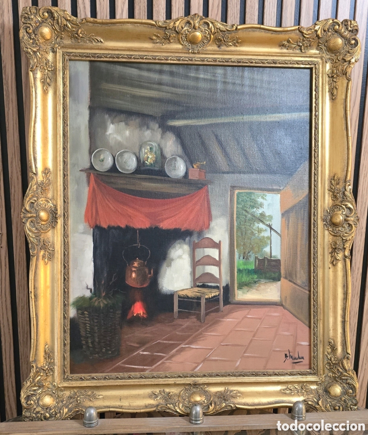 Arte: BONITO CUADRO OLEO SOBRE LIENZO INTERIOR DE BARRACA O SIMILAR FIRMADO B. MULLEN ? MARCO DORADO