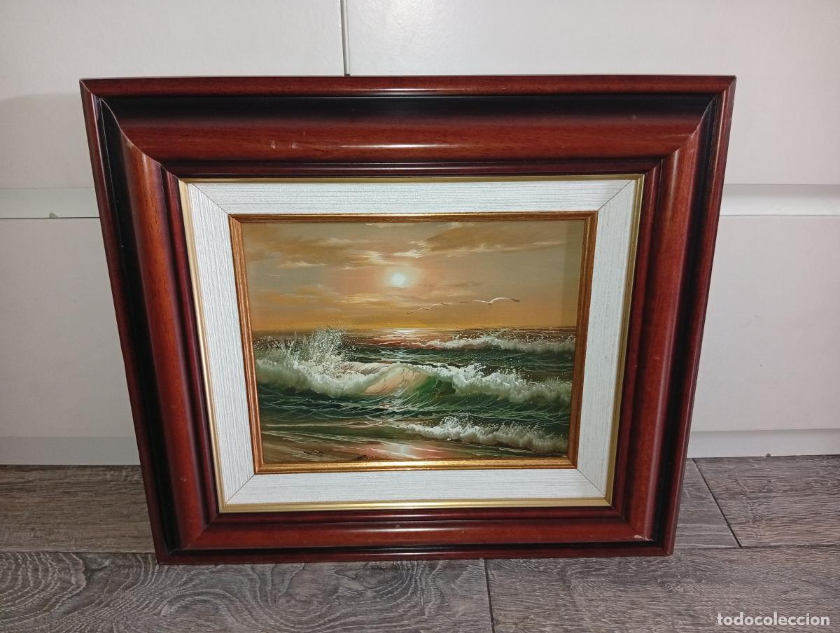 Art: Preciosa Marina al &Oacute;leo - Atardecer en el Mar con Oleaje y Gaviotas - Gran T&eacute;cnica y Relieve