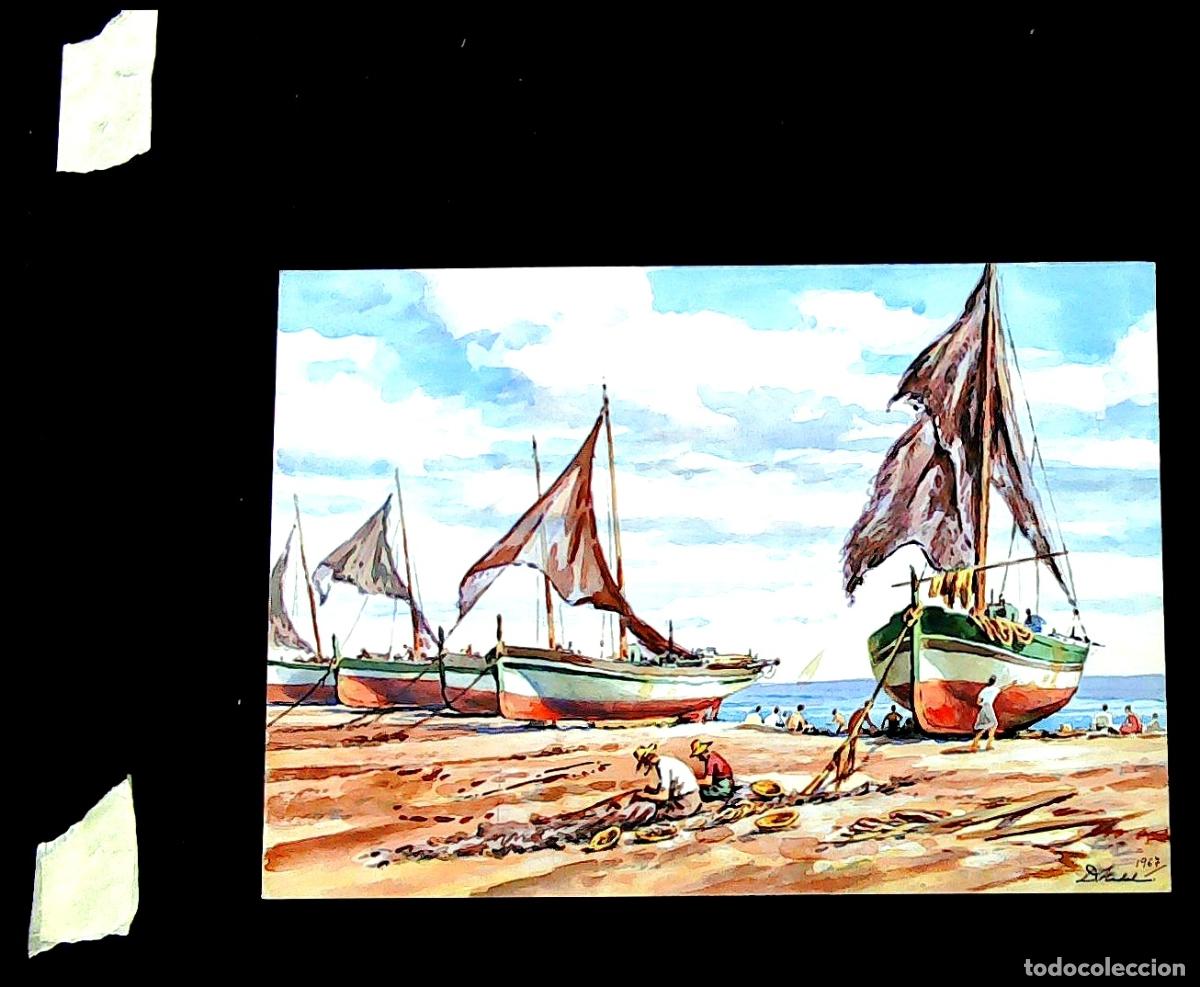 Arte: Ilegible - Barcos en la playa - 35x25 - Acuarela