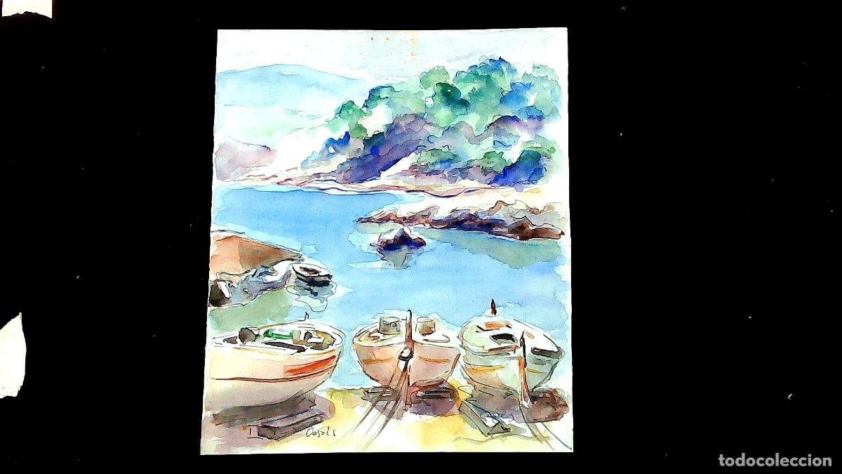 Arte: Ilegible - Barcos en la costa - 35x25 - Acuarela