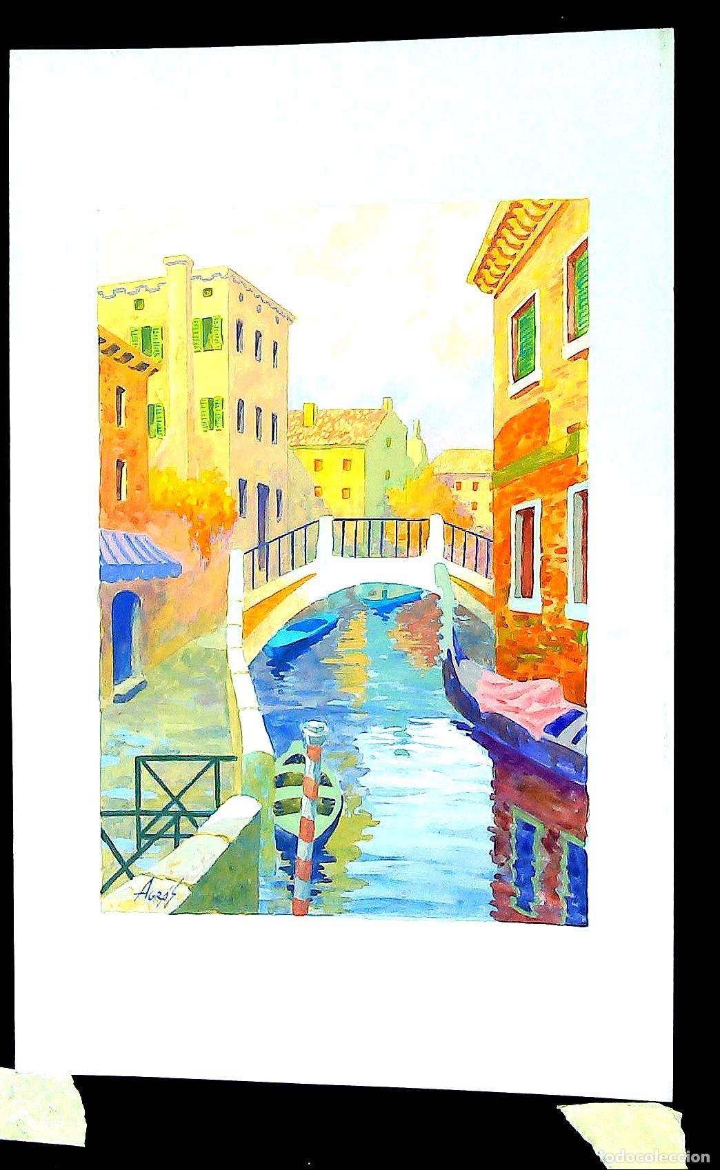 Arte: Ilegible - Canal de agua en ciudad - 35x25 - Acuarela