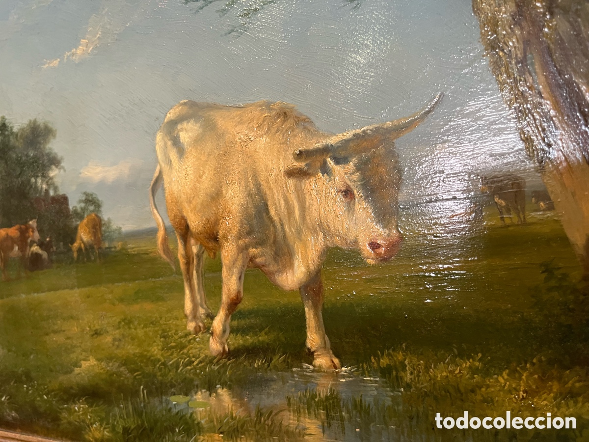 Arte: Oleo en tabla. Vaca pastando - Foto 2