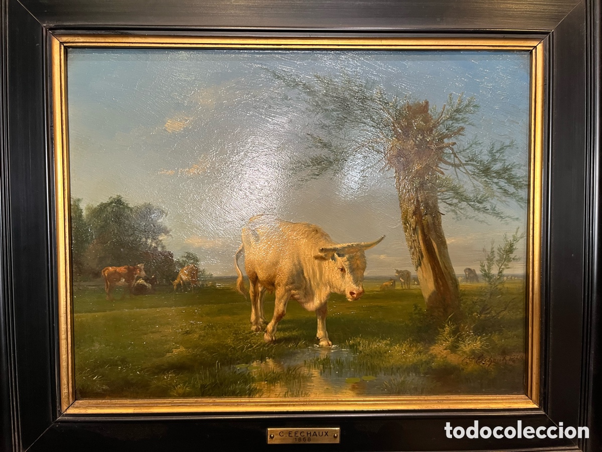 Arte: Oleo en tabla. Vaca pastando