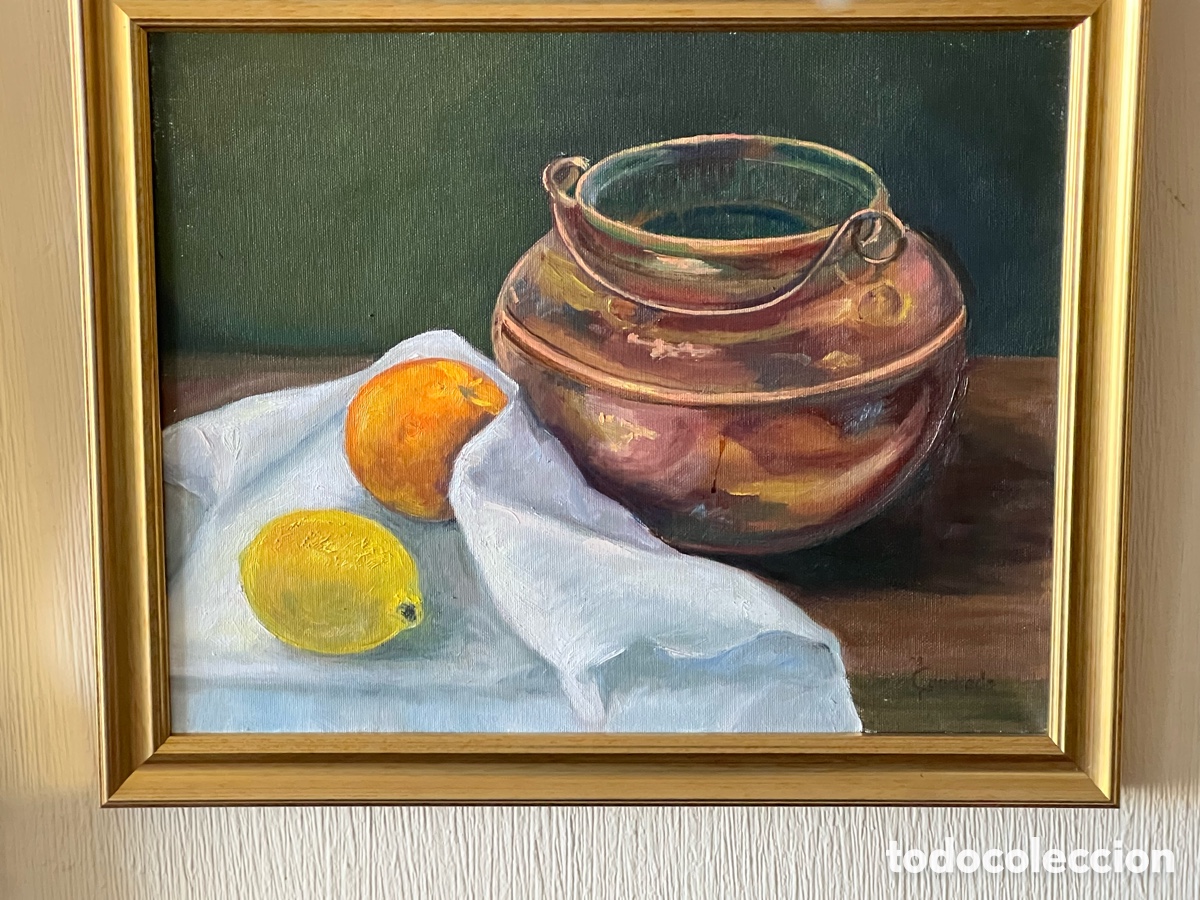 Arte: Naturaleza muerta Lim&oacute;n, naranja y cacerola de cobre