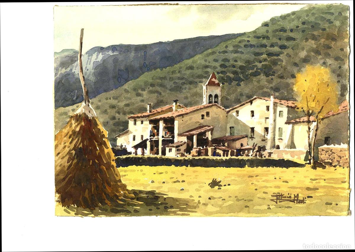 Arte: Ilegible - Aldea en la monta&ntilde;a - 35x25 - Acuarela