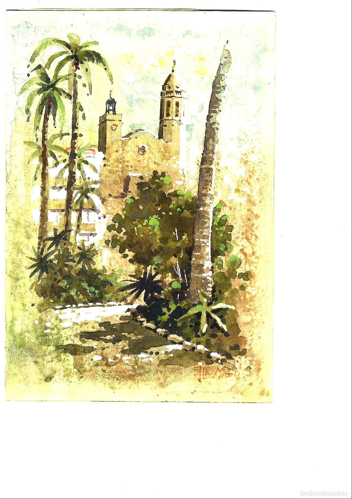 Arte: Ilegible - Torre y palmeras - 35x25 - Acuarela